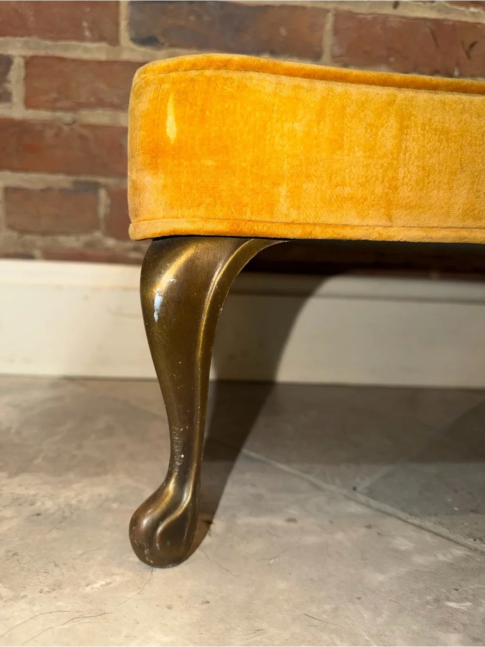 MCM‎ Small Gold Cut Velvet Brass Leg Footstool Ottoman